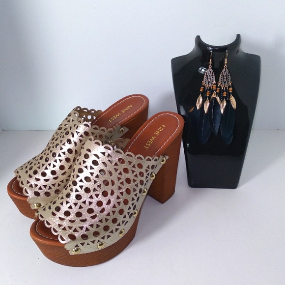 Nine West Shoes - Nine West Women's Gold Platform Mules, Boho Black & Gold Faux Feather Bundle- 8M